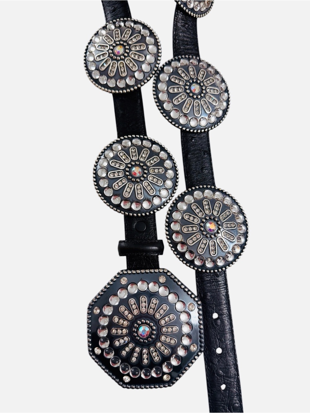 90s Y2K USA Tony Lama Leather Western Crystal Rhinestone Concho Statement Belt - Picture 4 of 6